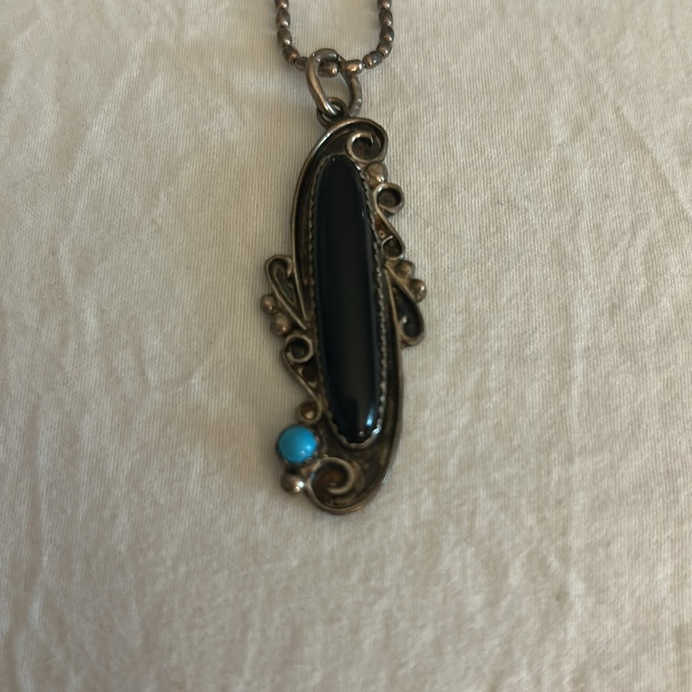 Vintage Signed Stamped Sterling Silver Onyx Turquoise Pendant Necklace - Picture 2 of 15